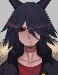 Rule 34 | 1boy, black hair, black horns, black sclera, bugita, closed mouth, collarbone, colored sclera, cropped, facial hair, fur trim, grey background, hair over one eye, horns, looking at viewer, lowres, male focus, medium hair, original, red eyes, simple background, solo, upper body