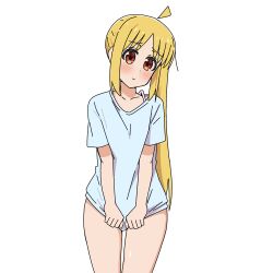 Rule 34 | 1girl, ahoge, aroon, blonde hair, blush, bocchi the rock!, commentary, detached ahoge, highres, holding, holding clothes, holding shirt, ijichi nijika, long hair, looking at viewer, no pants, red eyes, shirt, side ponytail, smile, symbol-only commentary, thighs, white background, white shirt