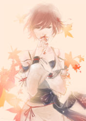 1girl alternate_costume amairo bare_shoulders brown_eyes brown_hair covering_face covering_own_mouth covering_privates detached_sleeves female_focus hair_ornament japanese_clothes jewelry kimono leaf looking_at_viewer maple_leaf meiko_(vocaloid) necklace orange_theme ribbon sash short_hair smile solo tsugai_kogarashi_(vocaloid) vocaloid