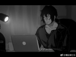 Rule 34 | 1boy, blurry, blurry background, boku no hero academia, closed mouth, collarbone, computer, cup, desk lamp, eraser head (boku no hero academia), facial hair, fingernails, glasses, greyscale, highres, lamp, laptop, letterboxed, long sleeves, looking at screen, male focus, monochrome, mug, mustache stubble, nyan 2020, pectoral cleavage, pectorals, ponytail, screen light, short hair, sitting, solo, sparse stubble, stubble, weibo logo