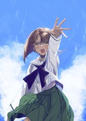 Rule 34 | 10s, 1girl, arm up, brown eyes, brown hair, commentary request, day, girls und panzer, highres, hiro (menomae), nishizumi miho, ooarai school uniform, outstretched arm, school uniform, serafuku, short hair, sky, solo, sweat