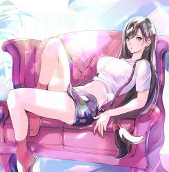 Rule 34 | 1girl, absurdres, alternate costume, black skirt, breasts, brown hair, couch, crop top, earrings, final fantasy, final fantasy vii, foot out of frame, hair between eyes, highres, indoors, jewelry, large breasts, long hair, looking at viewer, low-tied long hair, midriff, miniskirt, no shoes, parted lips, reclining, red eyes, red socks, shirt, shoji sakura, short sleeves, skirt, socks, solo, suspenders, t-shirt, tifa lockhart, white shirt