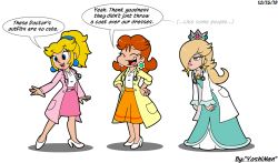 Rule 34 | 3girls, angry, blonde hair, blue eyes, brown hair, coat, crown, dr. mario (game), dr. mario world, dr. peach, dress, earrings, flower earrings, friends, grin, hair over one eye, hand on own hip, high heels, jewelry, laughing, lipstick, long hair, makeup, mario (series), multiple girls, nintendo, open mouth, ponytail, princess daisy, princess peach, rosalina, short hair, smile, standing, star (symbol), super mario bros. 1, super mario galaxy, super mario land