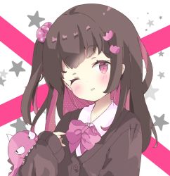 Rule 34 | 1girl, black cardigan, black hair, blouse, blush, bow, cardigan, collared shirt, hair bobbles, hair ornament, highres, long hair, long sleeves, looking at viewer, one eye closed, one side up, original, parted lips, pink bow, pink eyes, shirt, sleeves past wrists, solo, star (symbol), starry background, thick eyebrows, tsukiyo (skymint), upper body, white background, white shirt