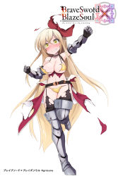 Rule 34 | 1girl, arm up, armor, armpits, belt, bikini, bikini armor, black thighhighs, blonde hair, blush, brave sword x blaze soul, breasts, cleavage, convenient censoring, embarrassed, full-face blush, garter straps, gauntlets, grin, highres, large breasts, long hair, morino donguri, navel, ribbon, smile, solo, standing, standing on one leg, swimsuit, tears, thighhighs, torn bikini, torn clothes, very long hair, waist cape, yellow eyes