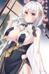 Rule 34 | 1girl, absurdres, amagi korona, azur lane, blush, braid, branch, breast curtains, breasts, cleavage, closed mouth, commentary request, covered navel, dutch angle, flower, garter straps, gloves, hair flower, hair ornament, highres, large breasts, looking at viewer, red eyes, revealing clothes, rose, see-through, silver hair, sirius (azur lane), sirius (azure horizons) (azur lane), solo, white gloves, yellow flower, yellow rose