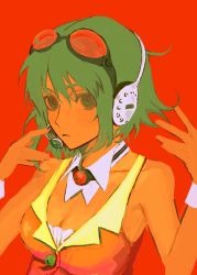 Rule 34 | 1girl, breasts, cleavage, detached collar, goggles, goggles on head, green eyes, green hair, gumi, hands up, headphones, headset, highres, ineuoy, looking at viewer, medium breasts, microphone, red background, short hair, simple background, sleeveless, solo, upper body, vocaloid, wrist cuffs
