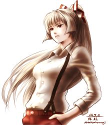 Rule 34 | 1girl, bow, breasts, dated, fujiwara no mokou, hair bow, hands in pockets, lips, long hair, ponytail, red eyes, shirt, silver hair, sleeves rolled up, solo, suspenders, taikyokuturugi, touhou, twitter username