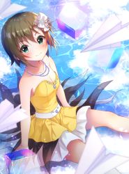 Rule 34 | 1girl, belt, blush, breasts, brown hair, cleavage, closed mouth, collarbone, dress, green eyes, hair between eyes, hair ornament, hair ribbon, idolmaster, idolmaster cinderella girls, jewelry, looking at viewer, miniskirt, necklace, paper airplane, pleated dress, pleated skirt, ribbon, rocomani, short dress, short hair, sitting, skirt, skirt under dress, sleeveless, sleeveless dress, small breasts, smile, solo, strapless, strapless dress, tada riina, white belt, white ribbon, white skirt, yellow dress