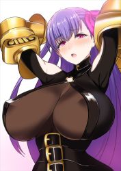 Rule 34 | 10s, 1girl, armpits, arms up, bad id, bad pixiv id, belt, belt buckle, blush, bodysuit, breasts, buckle, choker, claws, clothing cutout, covered erect nipples, fate/extra, fate/extra ccc, fate (series), hair ribbon, halterneck, highres, huge breasts, kawabata yoshihiro, long hair, looking at viewer, o-ring, open mouth, passionlip (fate), pink eyes, pink ribbon, purple hair, ribbon, shoulder cutout, simple background, solo, sweatdrop, vambraces, white background
