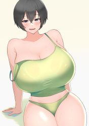 Rule 34 | 1girl, arm support, arms behind back, bare shoulders, black hair, blush, breasts, camisole, cleavage, collarbone, curvy, female focus, green camisole, green panties, hair ornament, highres, huge breasts, looking at viewer, open mouth, original, panties, partially undressed, shiny skin, short hair, simple background, sitting, skindentation, solo, sweat, thick thighs, thighs, tokitamago (sasakitoki), underwear, wet, wet clothes