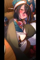 Rule 34 | 1girl, bare shoulders, black hair, blue hat, blush, breasts, bridal gauntlets, brown eyes, chinese clothes, doll, echo (circa), fate/grand order, fate (series), full-face blush, hair ornament, hair over one eye, hairpin, hat, holding, holding doll, long sleeves, looking at viewer, mole, mole under eye, open mouth, robe, short hair, small breasts, smile, solo, translation request, white robe, wide sleeves, xu fu (fate), yu mei-ren (fate)