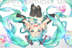 Rule 34 | 1girl, 2016, :d, blue eyes, blue hair, blue necktie, blurry, breasts, character name, dated, depth of field, detached sleeves, eyelashes, fingernails, floating hair, gem, gradient background, grey background, hands on own face, happy, happy birthday, hatsune miku, long hair, looking at viewer, necktie, open mouth, sakikko, simple background, smile, solo, thighhighs, thighs, twintails, upside-down, very long hair, vocaloid, white background