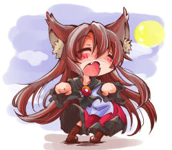 Rule 34 | 1girl, animal ears, blush, brooch, brown hair, check commentary, closed eyes, full moon, howling, imaizumi kagerou, jewelry, long hair, long sleeves, moon, open mouth, shinapuu, shirt, skirt, solo, tail, touhou, very long hair, wide sleeves, wolf ears, wolf tail