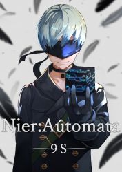 Rule 34 | 1boy, 9s (nier:automata), black feathers, black gloves, blindfold, character name, choker, copyright name, covered eyes, cube, feathers, gloves, highres, light smile, male focus, nier:automata, nier (series), silver hair, solo, yoshio (55level)