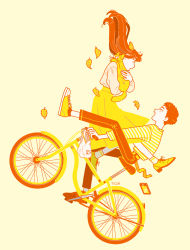 Rule 34 | 1boy, 1girl, bicycle, black pants, brown hair, floating hair, kk724, leaf, long sleeves, open mouth, original, pants, phone, profile, shirt, shirt tucked in, shoes, signature, simple background, skirt, striped clothes, striped shirt, white shirt, yellow background, yellow cat, yellow footwear, yellow shirt, yellow skirt, yellow theme
