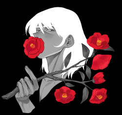 Rule 34 | 1boy, black background, blending, branch, bright pupils, camellia, fingernails, flower, flower over mouth, hair between eyes, halorane, highres, holding, holding branch, ishikawa goemon xiii, leaf, lupin iii, male focus, medium hair, pectoral cleavage, pectorals, red flower, solo, spot color, upper body, white pupils