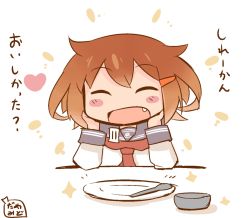 Rule 34 | 10s, 1girl, anchor symbol, blush stickers, brown hair, closed eyes, elbows on table, fang, hair ornament, hairclip, hanomido, ikazuchi (kancolle), kantai collection, neckerchief, open mouth, plate, red neckerchief, school uniform, serafuku, short hair, simple background, solo, spoon, translation request, white background