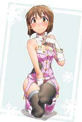 Rule 34 | 1girl, aya shachou, bare shoulders, belt, blush, bob cut, boots, bottomless, bracelet, brown eyes, brown hair, cool &amp; sexy (idolmaster), covering privates, covering crotch, fishnets, gloves, hagiwara yukiho, hand on own chest, highres, idolmaster, idolmaster (classic), jewelry, looking at viewer, no panties, on one knee, pink diamond 765, short hair, shorts, snowflakes, solo, squatting, tears, thighhighs