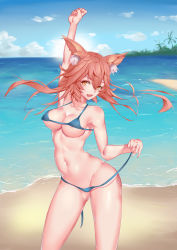 Rule 34 | 1girl, absurdres, animal ears, areola slip, beach, bikini, breasts, brown eyes, cleavage, day, fang, fate/grand order, fate (series), fox ears, full body, groin, highres, hip bones, hip focus, long hair, looking at viewer, medium breasts, micro bikini, navel, open mouth, qian bao liushang, red hair, smile, solo, standing, stomach, string bikini, string pull, summer, swimsuit, tamamo (fate), tamamo no mae (fate/extra), underboob, wide hips