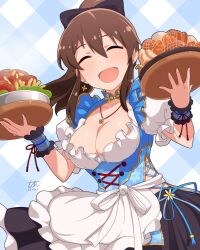Rule 34 | 1girl, apron, black bow, black skirt, blue background, bow, breasts, brown hair, checkered background, cleavage, closed eyes, collarbone, commentary request, earrings, facing viewer, flower earrings, food, frilled shirt, frilled wristband, frills, hair between eyes, hair bow, hands up, holding, holding tray, idolmaster, idolmaster million live!, jewelry, large breasts, long hair, necklace, open mouth, ponytail, print shirt, puffy short sleeves, puffy sleeves, satake minako, shirt, short sleeves, sidelocks, signature, skirt, smile, solo, tray, tun, waist apron, white apron
