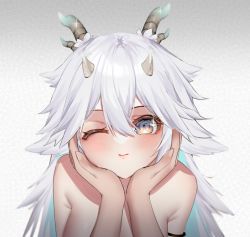 Rule 34 | 1girl, aqua eyes, armlet, armpit crease, blush, breasts, crossed bangs, dragon girl, dragon horns, hair flaps, hands on own cheeks, hands on own face, head rest, highres, horns, indie virtual youtuber, large breasts, long hair, looking at viewer, messy hair, moonchii, multiple horns, one eye closed, sidelocks, smile, solo, sparkling eyes, vei (vtuber), vei (vtuber) (sky empress), virtual youtuber, vshojo, white hair