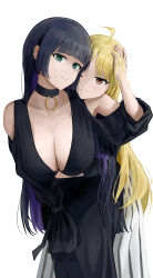 Rule 34 | 2girls, absurdres, ahoge, arms around waist, bare shoulders, black choker, black dress, black hair, blonde hair, blunt bangs, blush, bocchi the rock!, breasts, brown eyes, chin piercing, choker, cleavage, clothing cutout, colored inner hair, commentary request, dress, ear piercing, green eyes, hand on another&#039;s head, hand on own knee, highres, hime cut, ijichi seika, large breasts, lip piercing, long dress, long hair, long sleeves, looking at viewer, momaetoto, mouth piercing, multicolored hair, multiple girls, pa-san, piercing, purple hair, shoulder cutout, simple background, sleeves past fingers, sleeves past wrists, smile, upper body, white background
