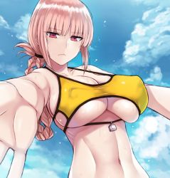 Rule 34 | 1girl, bikini, blue sky, blush, braid, breasts, cleavage, closed mouth, cloud, cocq taichou, commentary request, covered erect nipples, day, fate/grand order, fate (series), florence nightingale (chaldea lifesavers) (fate), florence nightingale (fate), folded ponytail, large breasts, long hair, looking at viewer, navel, outdoors, outstretched arms, pink hair, red eyes, single braid, skindentation, sky, solo, swimsuit, underboob, upper body, very long hair, wet, wide hips, yellow bikini