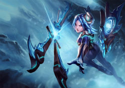 Rule 34 | 1girl, blue hair, bodysuit, brown eyes, foreshortening, frostblade irelia, hair ornament, ice, irelia, league of legends, lips, official art, short hair, solo, sword, weapon