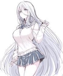 Rule 34 | 1girl, alternate costume, azur lane, blue eyes, blush, bow, breasts, commentary request, large breasts, long hair, long sleeves, looking at viewer, monochrome, sbs, school uniform, skirt, solo, sovetsky soyuz (azur lane), sweater, uniform, white hair