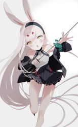 Rule 34 | 1girl, absurdly long hair, animal ears, armband, azur lane, bare legs, bare shoulders, black jacket, blush, breasts, collarbone, commentary, dynamic pose, grey background, hairband, highres, hikimayu, holding, holding sword, holding weapon, jacket, katana, kyuumura, long hair, off shoulder, open mouth, rabbit ears, running, shimakaze (azur lane), silver hair, simple background, small breasts, solo, sword, very long hair, weapon, yellow eyes