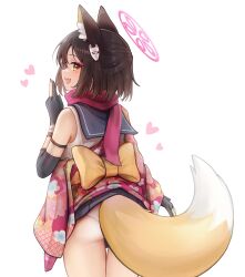 1girl animal_ear_fluff animal_ears ass black_gloves blue_archive blush bow brown_hair commentary fefee floral_print floral_print_kimono fox_ears fox_girl fox_hair_ornament fox_tail from_behind gloves hadanugi_dousa halo heart highres izuna_(blue_archive) japanese_clothes kimono looking_at_viewer open_kimono open_mouth panties partially_fingerless_gloves pink_halo pink_kimono pink_scarf print_kimono sailor_collar scarf shirt short_hair simple_background sleeveless sleeveless_shirt smile solo tail thighs underwear white_background white_panties white_shirt yellow_bow yellow_eyes