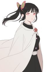 Rule 34 | 1girl, 5ya ngi, belt, black hair, butterfly hair ornament, cape, cowboy shot, floating hair, flower-shaped pupils, from side, hair ornament, highres, kimetsu no yaiba, long sleeves, looking at viewer, parted lips, red eyes, side ponytail, sidelocks, simple background, solo, symbol-shaped pupils, tsuyuri kanao, uniform, white background, white cape