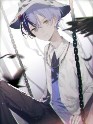 Rule 34 | 1boy, absurdres, aoyagi touya, bird, black feathers, black pants, blue hair, buttons, chain, chain necklace, closed mouth, collared shirt, commentary, crow, dark blue hair, feathers, grey eyes, hair between eyes, hat, highres, jewelry, lingjiu yuki, long sleeves, looking at viewer, male focus, mole, mole under eye, multicolored hair, necklace, pants, project sekai, ring, shirt, short hair, sitting, sleeves past wrists