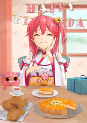 Rule 34 | absurdres, ahoge, animal ears, bell, birthday, cat, cherry blossoms, closed eyes, closed mouth, cup, detached sleeves, eating, food, fork, frills, gift, hair bell, hair ornament, hairclip, hand on own chin, highres, hololive, indoors, kintoki (sakura miko), nontraditional miko, one side up, paw print, paw print pattern, pink cat, pink hair, plate, rabbit ears, sakura miko, sakura miko (1st costume), saucer, smile, sowa snow, table, taiyaki, teacup, virtual youtuber, wagashi, wide sleeves