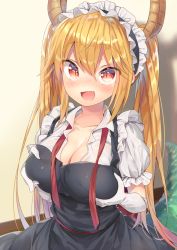 Rule 34 | 10s, 1girl, :d, breast hold, breasts, cleavage, dragon girl, dragon horns, dragon tail, dragontail, eyes visible through hair, fang, gloves, hair between eyes, highres, horns, kobayashi-san chi no maidragon, large breasts, large tail, long hair, looking at viewer, maid, maid headdress, ntk (7t5), open mouth, red eyes, slit pupils, smile, solo, tail, tohru (maidragon), twintails, white gloves