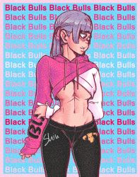 Rule 34 | 1girl, alternate clothes color, arm behind back, text background, black clover, blush, bow, breasts, clothes lift, hair bow, highres, hood, hoodie, hoodie lift, large breasts, looking to the side, noelle silva, pants, silver hair, thigh gap, tight clothes, tight pants, underboob