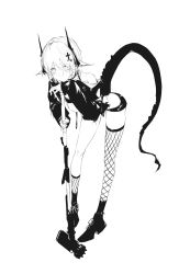 Rule 34 | 1girl, absurdres, anhao1224, antennae, bent over, black vest, blush, boots, bow, closed mouth, cross, fishnet socks, fishnet thighhighs, fishnets, footwear bow, greyscale, hair between eyes, hair ornament, hammer, hand on own chin, highres, holding, looking at viewer, microskirt, monochrome, original, pointy ears, simple background, skirt, socks, solo, tail, thighhighs, vest, white background