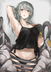 Rule 34 | 1girl, aqua hair, arknights, arm behind head, black gloves, black panties, black shirt, blush, borrowed character, breasts, collarbone, commission, cosplay, feet out of frame, gloves, grey eyes, highres, long hair, looking at viewer, marche mk14, medium breasts, mudrock (arknights), mudrock (arknights) (cosplay), navel, open mouth, original, panties, parted lips, shirt, simple background, skeb commission, solo, standing, sweat, underwear