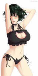 Rule 34 | 1girl, black panties, cat lingerie, cleavage cutout, clothing cutout, fubuki (one-punch man), green hair, highres, lingerie, meme attire, one-punch man, one eye closed, panties, rocky-ace, side-tie panties, simple background, solo, underwear, white background, wink