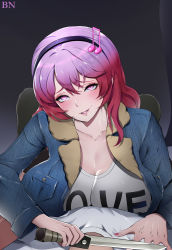 Rule 34 | 1boy, alternate breast size, bbuni, black hairband, blush, breasts, cleavage, collarbone, danganronpa (series), fortissimo, gradient background, hair between eyes, hair ornament, hairband, highres, holding, holding knife, huge breasts, jacket, knife, long sleeves, musical note, musical note hair ornament, open clothes, open jacket, otonokoji kanade, parted lips, pink eyes, shirt, smile, solo focus, super danganronpa another 2, teeth, twintails, white shirt