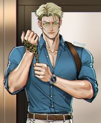 Rule 34 | 1boy, animal print, belt, blonde hair, blue shirt, brown belt, brown eyes, clenched hands, collarbone, commentary, english commentary, goggles, grey pants, highres, jujutsu kaisen, leopard print, looking at viewer, male focus, mistermagnolia, nanami kento, necktie, pants, shirt, short hair, solo, standing, suspenders, upper body, watch, wristwatch, yellow necktie