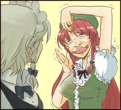 Rule 34 | 2girls, braid, breasts, china dress, chinese clothes, dress, eeyasu, embodiment of scarlet devil, female focus, hat, hong meiling, izayoi sakuya, long hair, maid, making faces, multiple girls, red eyes, red hair, silver hair, simple background, tongue, touhou, twin braids, upper body, what
