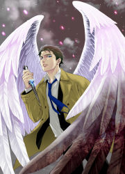 Rule 34 | 1boy, animification, blood, bloody wings, blue eyes, brown hair, castiel, coat, dagger, embers, facial hair, isa (peien516), knife, looking at viewer, male focus, necktie, parted lips, reverse grip, solo, stubble, supernatural (tv series), trench coat, weapon, wings