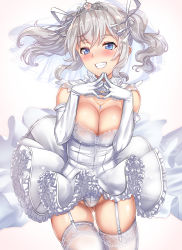 Rule 34 | 10s, 1girl, bare shoulders, blue eyes, blush, breasts, bridal veil, cleavage, crown, detached collar, diadem, dress, elbow gloves, frilled dress, frills, garter straps, gloves, gluteal fold, grin, hair ribbon, highres, jewelry, kantai collection, kashima (kancolle), large breasts, long hair, necklace, open mouth, own hands together, panties, ribbon, ring, sidelocks, silver hair, simple background, skindentation, smile, solo, thighhighs, tiara, twintails, underwear, untue, veil, wavy hair, wedding band, wedding dress, white background, white dress, white gloves, white panties, white thighhighs