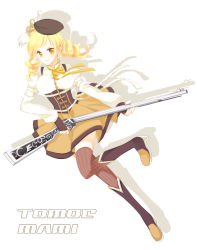 Rule 34 | 10s, 1girl, beret, blonde hair, boots, corset, detached sleeves, drill hair, fingerless gloves, full body, gloves, gun, hat, magical girl, magical musket, mahou shoujo madoka magica, mahou shoujo madoka magica (anime), muzuki uruu, puffy sleeves, rifle, shadow, simple background, smile, solo, thighhighs, tomoe mami, twin drills, twintails, uruu (sweetishdrop), weapon, yellow eyes