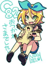 Rule 34 | 1girl, artist name, blonde hair, bow, cat, fang, green eyes, hair bow, kagamine rin, negi (ulog&#039;be), open mouth, outline, paw print, sandals, short hair, shorts, smile, text focus, vocaloid, white background