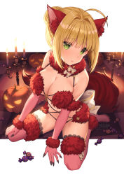 Rule 34 | 1girl, ahoge, animal ears, artist name, back bow, bare shoulders, blonde hair, bow, breasts, candle, candy, checkered floor, cleavage, closed mouth, commentary, commentary request, cosplay, elbow gloves, english commentary, fake animal ears, fake tail, fate/extra, fate/grand order, fate (series), food, full body, fur-trimmed gloves, fur-trimmed legwear, fur collar, fur trim, gloves, green eyes, hair bun, hair intakes, hand on own knee, highres, jack-o&#039;-lantern, kneeling, lace, lace-trimmed legwear, lace trim, large breasts, looking at viewer, mash kyrielight, mash kyrielight (dangerous beast), mash kyrielight (dangerous beast) (cosplay), nero claudius (fate), nero claudius (fate) (all), nero claudius (fate/extra), official alternate costume, outside border, pink gloves, pink thighhighs, pumpkin, revealing clothes, rosuuri, short hair, single hair bun, sitting, solo, tail, thighhighs, wariza, white bow, wolf ears, wolf tail