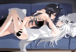 Rule 34 | 2girls, animal ears, arknights, arms around neck, black gloves, bottomless, brown eyes, eye contact, face-to-face, fingerless gloves, from side, gloves, grey eyes, hand on another&#039;s thigh, highres, lappland (arknights), long hair, looking at another, lying, material growth, meng ziya, multiple girls, on back, oripathy lesion (arknights), pillow, scar, scar across eye, scar on face, shadow, sketch, sweat, tail, tattoo, texas (arknights), wolf ears, wolf girl, wolf tail, yuri