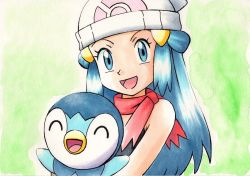 Rule 34 | 1girl, :d, bare arms, beanie, black shirt, blue eyes, blue hair, commentary request, creatures (company), dawn (pokemon), game freak, gen 4 pokemon, green background, hair ornament, hairclip, hat, holding, holding pokemon, long hair, looking at viewer, nintendo, oka mochi, open mouth, piplup, pokemon, pokemon (anime), pokemon (creature), pokemon dppt (anime), red scarf, scarf, shirt, sleeveless, sleeveless shirt, smile, tongue, traditional media, white headwear